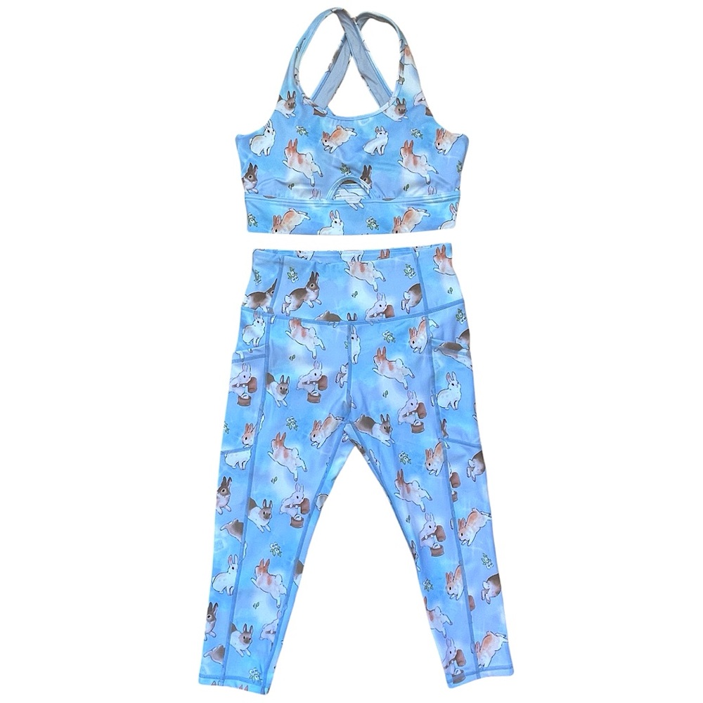 Iron Yokai Blue Bunny Longline Sports Bra & Capri Leggings Activewear Set